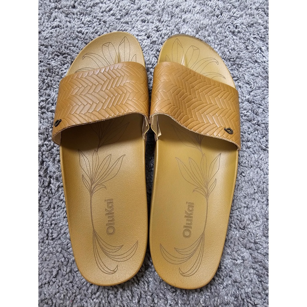 OluKai Kipe'a Pono Tan Leather Slide Sandals Womens 11 Ochre 20565-FMWF